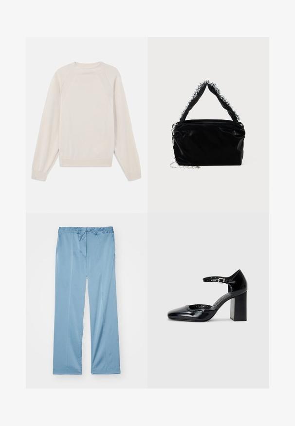 Lys kremfarget genser laget av myk strikket stoff. Har rund hals, lange ermer, og ribbestrikkede mansjetter og kant med raglanermer.; Lys blå, vide bukser laget av myk stoff. Har elastisk midjebånd med justerbar snor og sidelommer.; Sorte lakk lær høye hæler med firkantet tå, ankelrem og chunky hæl. Inkluderer perforerte detaljer langs kanten.; Svart veske i faux lær med tekstur, med en perlet sølvdetalj langs det øverste håndtaket og en kjede-rem.