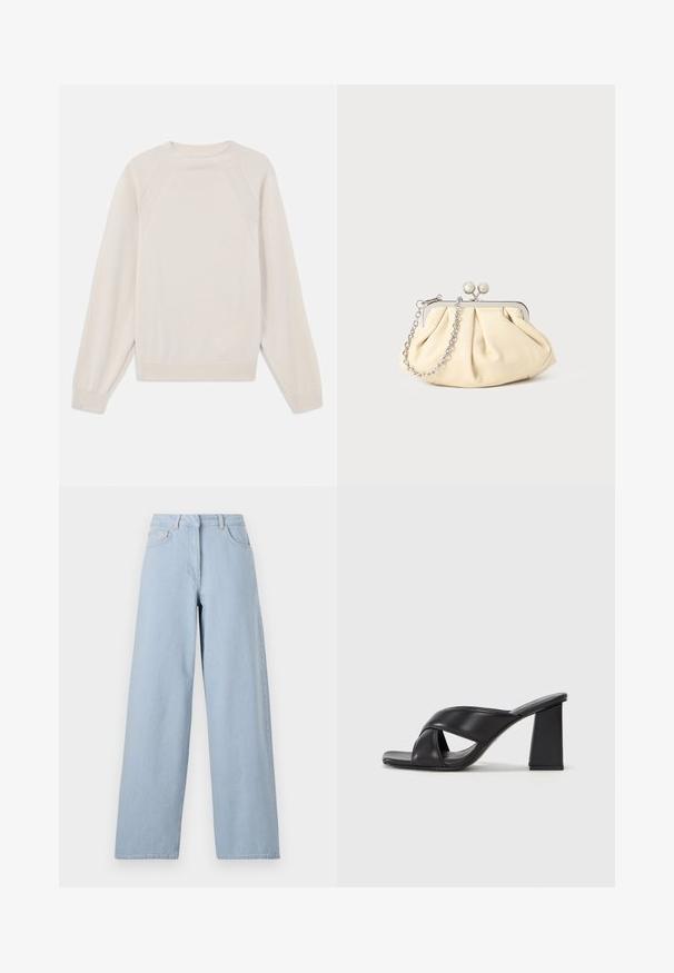 Ανοιχτό κρεμ πουλόβερ φτιαγμένο από μαλακό, πλεκτό ύφασμα. Διαθέτει στρογγυλή λαιμόκοψη, μακριά μανίκια και ριμπ μανσέτες και τελείωμα με σχέδιο ραγκλάν στο μανίκι.; REMAIN COCOON PANTS - Wide leg - light blue; MAX&Co. SOHO - Ψηλοτάκουνα πέδιλα - schwarz; Πτυχωτό μπεζ δερμάτινο τσαντάκι με ασημένιο μεταλλικό πλαίσιο, διαθέτοντας δύο στρογγυλούς διακοσμητικούς κλειστές και μια ασημένια αλυσίδα.