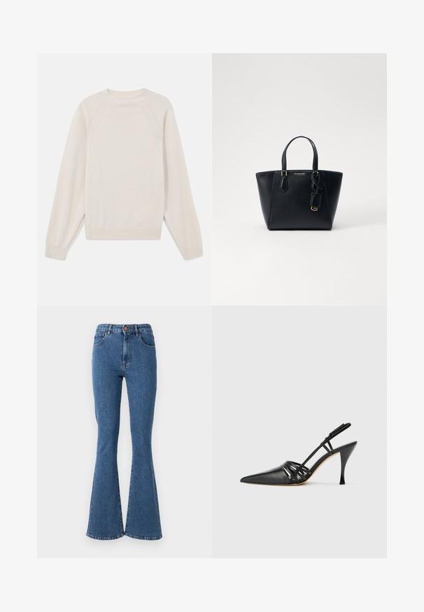 Light cream sweater made of soft, knit fabric. Features a crew neck, long sleeves, and ribbed cuffs and hem with raglan sleeve design.; High-waisted blue denim jeans with a flared leg. Features five pockets and a front button closure. Stitching detail along seams.; Black leather high-heeled slingback shoe with pointed toe, crisscross strap design, and slim stiletto heel. Smooth texture and minimal accents.; Black leather handbag with a structured shape, short dual handles, gold-tone hardware, and a side tag accessory. Smooth, textured finish.