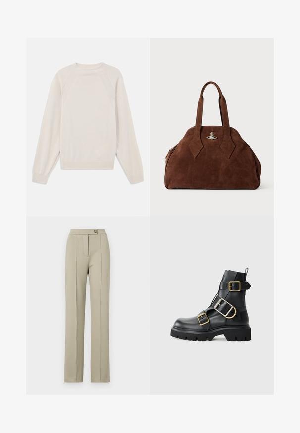 Gaiši krēms svīteri, kas izgatavots no mīksta, adīta auduma. Iespējas: apaļš kakls, garas piedurknes un ribotas aproces un apakšmalas ar raglanu piedurkņu dizainu.; Beidzs krāsas auduma bikses ar taisnu piegriezumu, ar priekšējo rāvējslēdzēju, vienu pogu aizdari un maigi presētām krokām uz priekšējiem kāju sāniem.; Melna ādas potīšu zābaku ar masīvu zoli, kuram ir vairāki siksniņas un zelta aksesuāri. Gluda tekstūra, izturīgs dizains.; Brūns zamšādas rokassoma ar strukturētu formu, noapaļotu korpusu un pagarinātām dimanta formas rokturiem. Aprīkota ar sudraba krāsas aizdari.