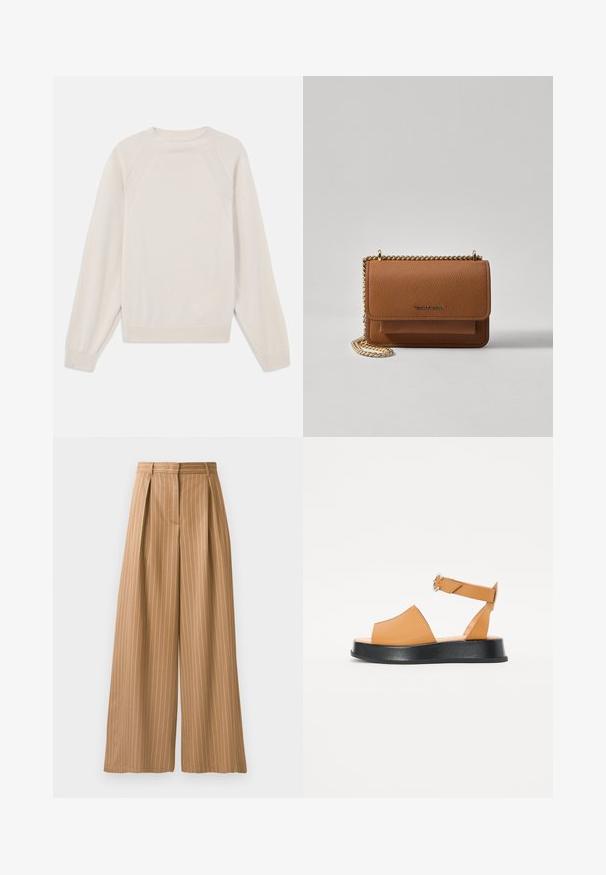 Pull léger en crème, fabriqué en tissu tricoté doux. Présente un col rond, des manches longues, et des poignets et un ourlet côtelés avec un design de manches raglan.; Pantalons évasés en tissu beige avec des rayures blanches verticales. Comprend des plis à la taille et une texture lisse.; Sandale en cuir tan avec un large devant, bout ouvert, sangle ajustable et une semelle épaisse noire. Texture lisse et design minimal.; Sac en cuir texturé marron en bandoulière avec une sangle en chaîne dorée et une fermeture à rabat. L'avant présente un détail de logo et une poche sous le rabat.