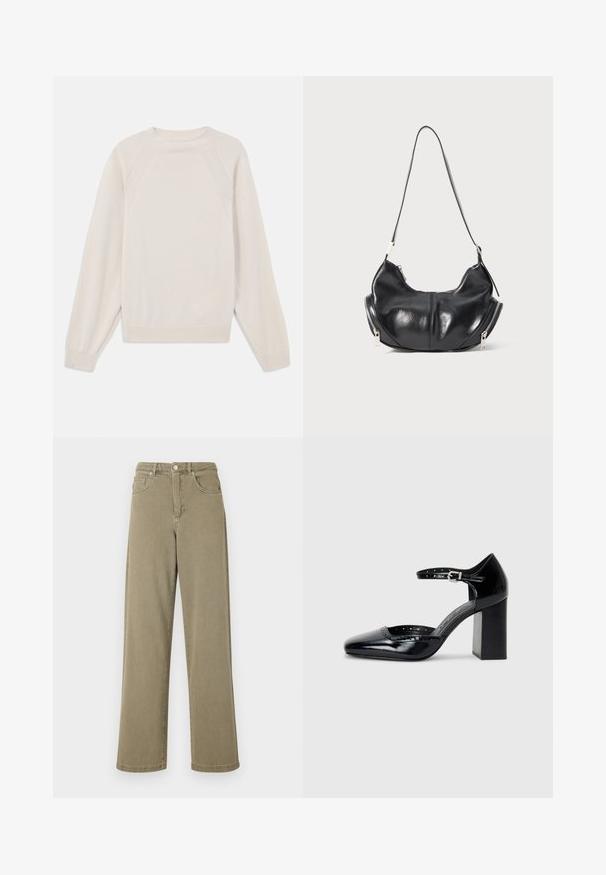 Jasno kremowy sweter wykonany z miękkiej, dzianinowej tkaniny. Posiada okrągły dekolt, długie rękawy oraz prążkowane mankiety i dół, a także design z rękawami raglanowymi.; Jasnozielone dżinsy o szerokich nogawkach, wykonane z denimu, z wysokim stanem, pięcioma kieszeniami oraz subtelnymi detalami w szwach.; Czarne lakierowane szpilki z kwadratowym noskiem, paskiem na kostkę i masywnym obcasem. Zawierają perforowane detale na krawędzi.; Czarna skórzana torba w kształcie półksiężyca na ramię z srebrnymi zamkami błyskawicznymi po obu stronach i pojedynczym paskiem.