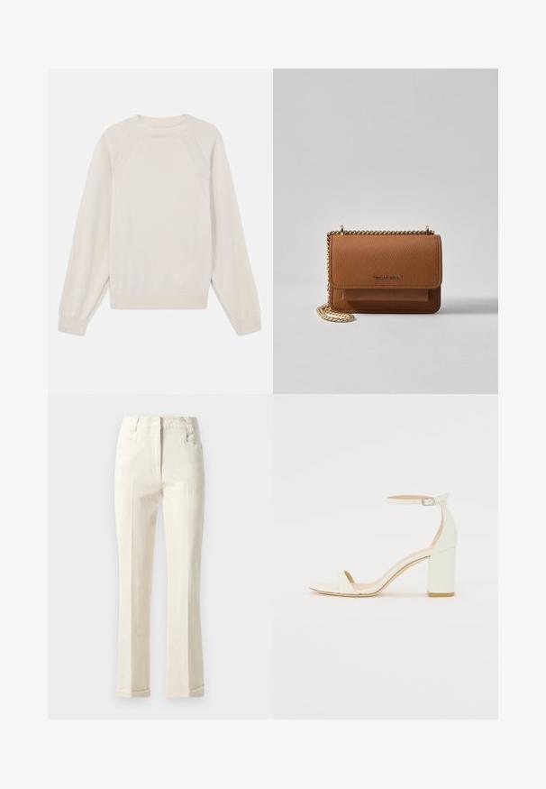 Gaiši krēms svīteri, kas izgatavots no mīksta, adīta auduma. Iespējas: apaļš kakls, garas piedurknes un ribotas aproces un apakšmalas ar raglanu piedurkņu dizainu.; Beidzas taisnās kājas bikses, kas izgatavotas no kokvilnas maisījuma, ar vidēju vidukļa augstumu, priekšējām kabatām un smalku tekstūru uz virsmas.; Balts ādas blokpārklājs ar siksniņu ap potīti, kurai ir sprādze un minimālistisks dizains. Atvērta purna un gludas virsmas visā apavā.; Brūna teksturēta ādas plecu soma ar zelta ķēdes siksnu un atloka aizdari. Priekšpusē ir logotipa detaļa un kabata zem atloka.