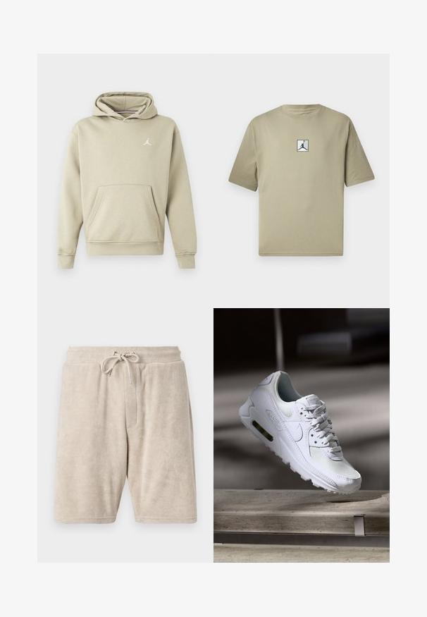 Hoodija gaisā bēžā kokvilnas maisījumā ar priekšējo kabatu un baltu Jordan logo uz krūšu daļas. Mīksta tekstūra, standarta piegriezums.; Kakijas kokvilnas t-krekls ar īsām piedurknēm, ar nelielu melnu Jordan logo baltā kvadrātā priekšpusē. Vienkāršs dizains un brīvs griezums.; Beidzga terry auduma šorti ar elastīgu jostasvietu un regulējamu auklu. Iespējo viena priekšējā kabata un līdz ceļiem garums.; Baltas Nike Air Max 90 sporta apavi ar sietu un ādas augšdaļu, caurspīdīgu pirksta daļu un redzamu gaisa vienību papēdī.