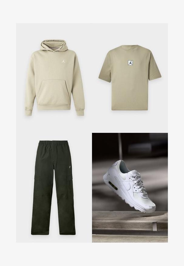 Hanorac cu glugă dintr-un amestec de bumbac bej deschis, având o buzunare frontal și un logo alb Jordan pe piept. Textură moale, ajustare standard.; Tricou din bumbac khaki, cu mâneci scurte, având un mic logo negru Jordan într-un pătrat alb pe față. Design simplu și croială lejeră.; Pantaloni cargo dintr-o țesătură verde închis, cu o bandă elastică la talie, având două buzunare pe lateral și un mic logo pe față.; Adidașii Nike Air Max 90 albi, având un superior din plasă și piele, cutie pentru degete perforată și o unitate de aer vizibilă în călcâie.