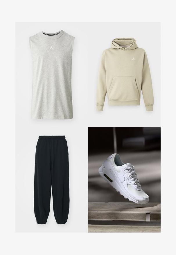 Kapturowa bluza w jasnym beżowym odcieniu z mieszanki bawełny, z kieszenią z przodu i białym logo Jordana na klatce piersiowej. Miękka struktura, standardowy krój.; Bezramionny szary podkoszulek sportowy z miękkiego materiału. Posiada małe białe logo na klatce piersiowej oraz okrągły dekolt.; Czarne dresy z elastycznym pasem, luźny krój, ściśnięte nogawki, gładka tekstura, bez widocznych wzorów lub ozdób.; Białe sneakersy Nike Air Max 90 z siateczkowym i skórzanym wierzchem, perforowanym czubkiem oraz widoczną jednostką Air w pięcie.