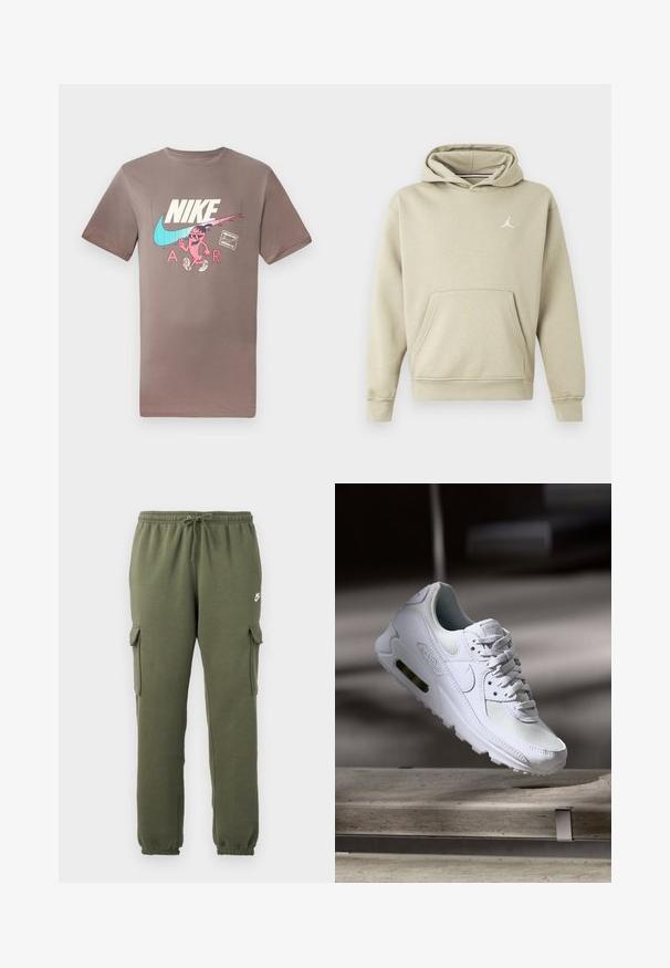 Hoodija gaisā bēžā kokvilnas maisījumā ar priekšējo kabatu un baltu Jordan logo uz krūšu daļas. Mīksta tekstūra, standarta piegriezums.; Brūna kokvilnas T-krekls ar krāsainu grafiku, kurā attēlots tēls ar saulesbrillēm, blakus Nike un Air logotipiem kontrastējošās krāsās.; Olive zaļas kravas bikses ar elastīgu jostasvietu, aukliņas aizdari, sānu kabatām un zīmola logo uz augšstilba. Gluda kokvilnas auduma maisījums.; Baltas Nike Air Max 90 sporta apavi ar sietu un ādas augšdaļu, caurspīdīgu pirksta daļu un redzamu gaisa vienību papēdī.