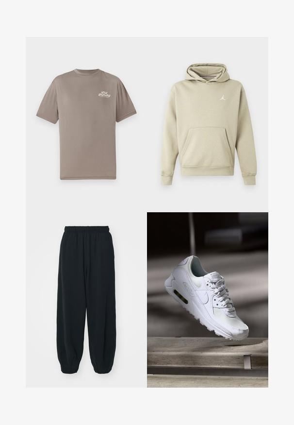 Mikina s kapucí ve světlém béžovém směsovém materiálu, s přední kapsou a bílým logem Jordan na hrudi. Měkká textura, standardní střih.; Hnědé tričko s krátkým rukávem vyrobené z hladké tkaniny. Má malé bílé potiskové logo na levé části hrudi a kulatý výstřih.; Černé teplákové kalhoty s elastickým pasem, volným střihem, manžetami na kotnících, hladkým povrchem a bez viditelných vzorů či kovových detailů.; Bílé tenisky Nike Air Max 90 s vrchním materiálem z textilu a kůže, perforovanou špičkou a viditelnou vzduchovou jednotkou v patě.
