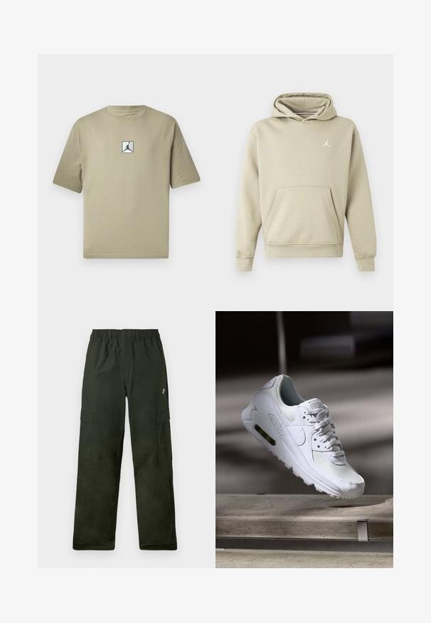 Hettegenser i lyse beige bomullsblanding, med frontlomme og hvit Jordan-logo på brystet. Myk tekstur, standard passform.; Khaki bomull t-skjorte med korte ermer, med en liten svart Jordan-logo i en hvit firkant på fronten. Enkelt design og avslappet passform.; Cargo bukser i mørkegrøn stof med elastisk talje, med to sidelommer og et lille logo foran.; Hvit Nike Air Max 90 sneakers med øvre del laget av mesh og skinn, perforert tåboks og en synlig luftenhet i hælen.