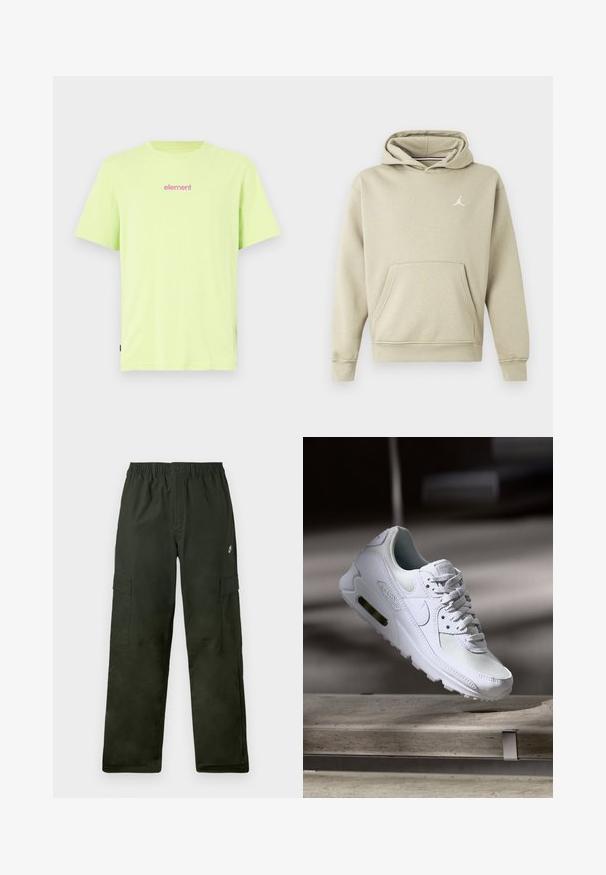 Hoodija gaisā bēžā kokvilnas maisījumā ar priekšējo kabatu un baltu Jordan logo uz krūšu daļas. Mīksta tekstūra, standarta piegriezums.; Lime zaļš kokvilnas T-krekls ar īsām piedurknēm. Tam ir mazs rozā "element" logotips uz krūtīm. Taisns griezums ar sānu birku.; Tumši zaļi auduma cargo bikses ar elastīgu jostu, divām sānu kabatām un mazu logo priekšpusē.; Baltas Nike Air Max 90 sporta apavi ar sietu un ādas augšdaļu, caurspīdīgu pirksta daļu un redzamu gaisa vienību papēdī.