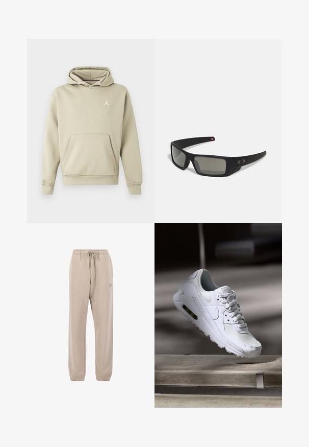 Huppari vaaleassa beige-viitan sekoitteessa, jossa on etutasku ja valkoinen Jordan-logo rinnassa. Pehmeä rakenne, normaali istuvuus.; Vaaleat beiget lämminhousut, jotka on valmistettu pehmeästä kankaasta, varustettu nyörikiinnityksellä vyötäröllä, elastisilla hihansuilla ja pienellä logolla sivussa.; Valkoiset Nike Air Max 90 -lenkkarit, joissa on verkko- ja nahkapinta, rei'itetty kärki ja näkyvä ilmayksikkö kantapäässä.; Mustat aurinkolasit matta-pinnalla, suorakulmaiset linssit, hieman kaarevat tempaukset, hienovarainen logo-yksityiskohta ja savunväriset linssit.