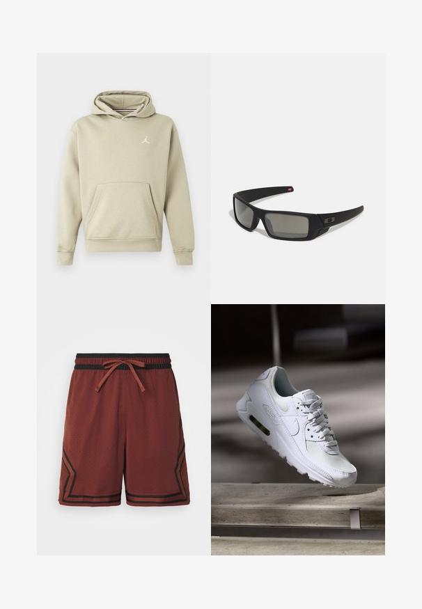 Šviesiai bežinė medvilnės mišinio gobtuvinė maikutė, su priekinėmis kišenėmis ir baltu Jordan logotipu ant krūtinės. Minkšta tekstūra, standartinė pritaikymo.; Raudoni sportiniai šortai, pagaminti iš kvėpuojančios medžiagos, su juodu elastingu juosmeniu su raišteliu ir kontrastingomis juostelėmis šoninėse dalyse.; Baltos Nike Air Max 90 sportbačiai su.comi ir odos viršumi, perforuota pirštų dėžute ir matomu oro pagalvėle kulne.; Juodi akiniai saulės su matinio paviršiaus užbaigimu, stačiakampiai lęšiai, švelnus lenkimas ant šventyklų, subtilus logotipo detalizavimas ir dūminiai lęšiai.