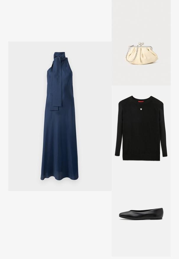 Schwarzer Strickpullover mit langen Ärmeln, Rundhalsausschnitt und einem kleinen weißen Herz auf der Brust. Weiche Textur sowie gerippte Bündchen und Saum.; Navy-blaues Satin-Maxikleid mit hohem Kragen, seitlichem Banddetail und glatter Textur. Es verfügt über eine fließende Silhouette und ärmelloses Design.; Paul Smith TOPANGA - Klassischer Ballerina - black; Faltige beigefarbene Ledertasche mit einem silbernen Metallrahmen, ausgestattet mit zwei runden dekorativen Verschlüssen und einem silbernen Kettenriemen.