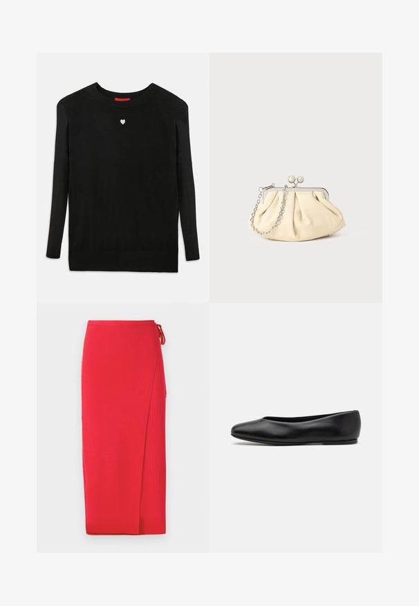Maglione nero lavorato a maglia con maniche lunghe, scollo a girocollo e un piccolo cuore bianco sul petto. Tessuto morbido con polsini e orlo a coste.; Gonna midi a coste rossa con spacco laterale, caratterizzata da un dettaglio con lacci in vita. Texture liscia con silhouette aderente.; Paul Smith TOPANGA - Ballerine - black; Clutch in pelle beige plissettata con una struttura in metallo argento, dotata di due chiusure decorative rotonde e una tracolla in catena argentata.