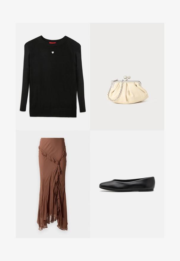 Zwarte brei trui met lange mouwen, ronde hals en een klein wit hart op de borst. Zachte textuur met geribbelde boorden en onderzoom.; Bruine, lange rok van lichtgewicht stof. Heeft een gerimpeld ontwerp langs de asymmetrische zoom en een vloeiende silhouette.; Paul Smith TOPANGA - Ballerina's - black; Geplooide beige leren clutch met een zilveren metalen frame, voorzien van twee ronde decoratieve sluitingen en een zilveren kettingriem.