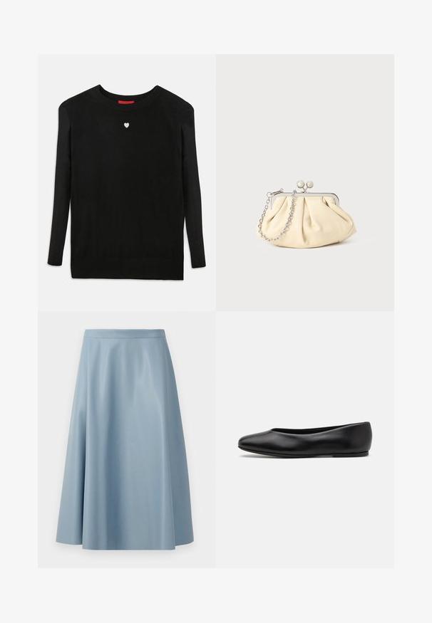 Mustaa neulepaitaa, jossa on pitkät hihat, pyöreä pääntie ja pieni valkoinen sydän rinnassa. Pehmeä rakenne ja ribbiohristukset hihansuissa sekä helmassa.; Valkoinen, liehuva hame, joka on valmistettu sileästä kankaasta. Hameessa on minimalistinen muotoilu, jossa on siisti vyötärö ja ei näkyviä kiinnityksiä.; Paul Smith TOPANGA - Ballerinat - black; Beige nahkaista kassi, jossa on laskostus ja hopeinen metallirunko, kaksi pyöreää koristeellista solkea sekä hopeaketjuolkayh.