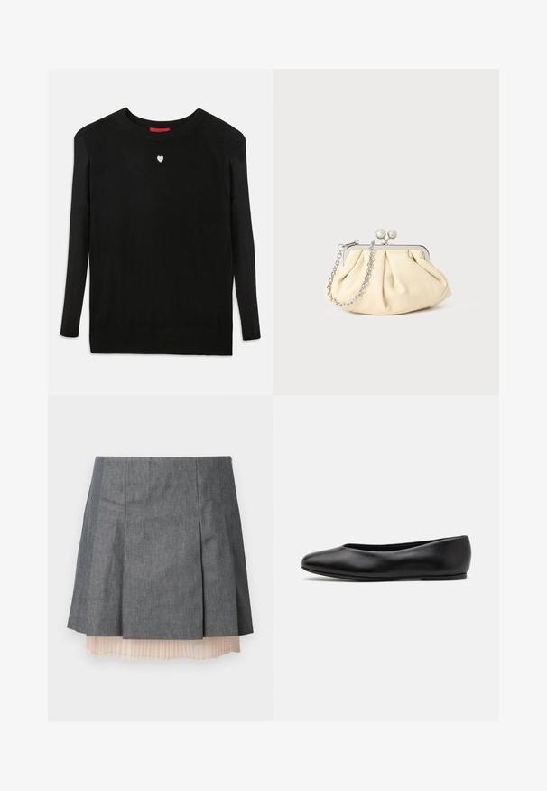 Černý pletený svetr s dlouhými rukávy, kulatým výstřihem a malým bílým srdíčkem na hrudi. Měkká textura a žebrované manžety a spodní lem.; Šedá skládací sukně s texturovaným povrchem, která má poloprůhlednou světle růžovou skládací spodní vrstvu a boční zip.; Paul Smith TOPANGA - Klasické baleríny - black; Plisovaná béžová kožená kabelka na psaní s rámem ze stříbrného kovu, vybavená dvěma kulatými dekorativními uzávěry a stříbrným řetízkem.