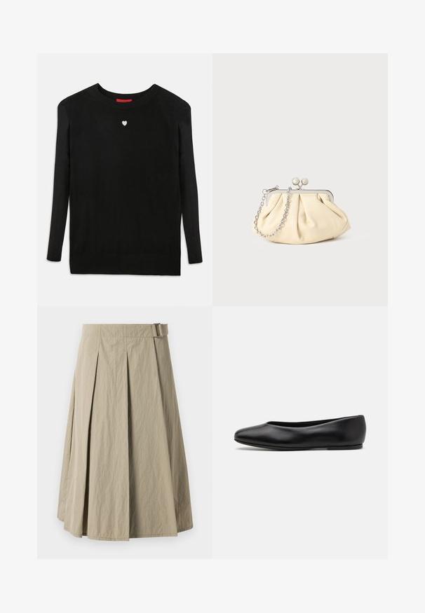 Pull en maille noir à manches longues, col rond, avec un petit cœur blanc sur la poitrine. Texture douce et poignets et ourlet côtelés.; Jupe plissée beige avec une texture lisse, dotée de passants de ceinture et d'une coupe en forme de A, conçue avec une longueur jusqu'au genou.; Paul Smith TOPANGA - Ballerines - black; Pochette en cuir beige plissé avec un cadre en métal argenté, dotée de deux fermoirs ronds décoratifs et d'une chaîne en argent.