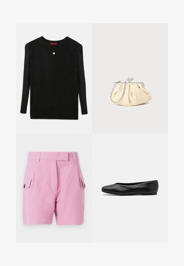 Maglione nero lavorato a maglia con maniche lunghe, scollo a girocollo e un piccolo cuore bianco sul petto. Tessuto morbido con polsini e orlo a coste.; Pantaloni corti rosa chiaro con design sartoriale, fronte piatto, tasche laterali con chiusure a bottone e una texture di tessuto liscia.; Paul Smith TOPANGA - Ballerine - black; Clutch in pelle beige plissettata con una struttura in metallo argento, dotata di due chiusure decorative rotonde e una tracolla in catena argentata.