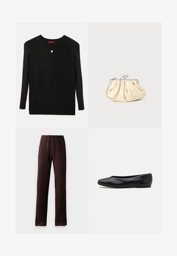 Black knit sweater with long sleeves, crew neckline, and a small white heart on the chest. Soft texture and ribbed cuffs and hem.; Brown wide-leg pants featuring a pleated texture, high waistband, and flowing design. Made from lightweight fabric. No visible fasteners.; Paul Smith TOPANGA - Ballet pumps - black; Pleated beige leather clutch with a silver metal frame, featuring two round decorative clasps and a silver chain strap.