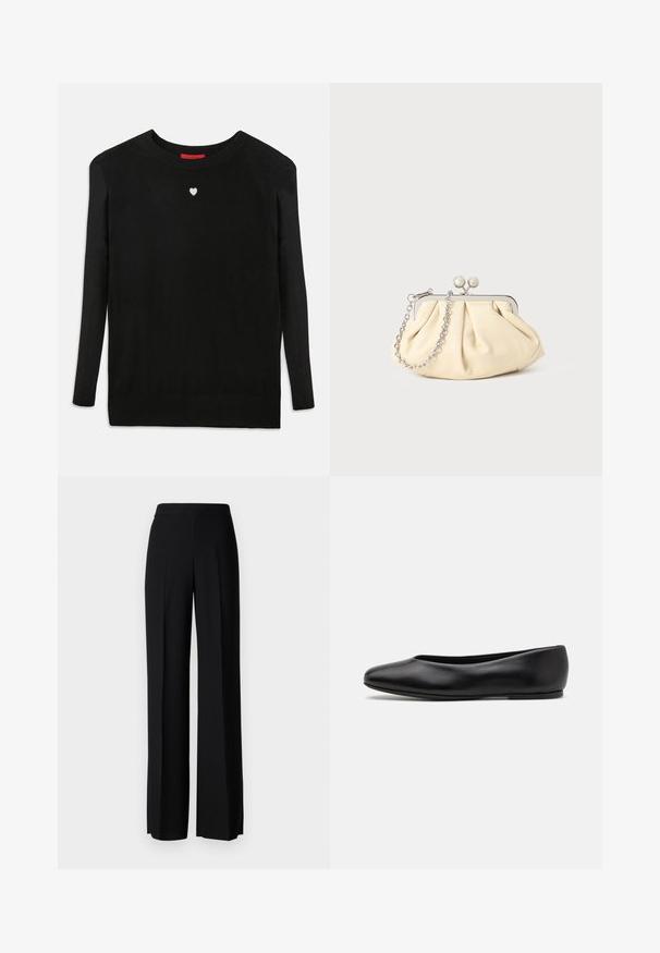 Zwarte brei trui met lange mouwen, ronde hals en een klein wit hart op de borst. Zachte textuur met geribbelde boorden en onderzoom.; Zwarte wijde broek met een gladde textuur, voorzien van een hoge tailleband en middelste plooien. Geen zichtbare patronen of hardware-details.; Paul Smith TOPANGA - Ballerina's - black; Geplooide beige leren clutch met een zilveren metalen frame, voorzien van twee ronde decoratieve sluitingen en een zilveren kettingriem.