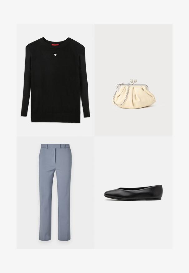 Črna pletena jopica z dolgimi rokavi, okroglim izrezom in majhno belo srce na prsih. Mehak tekstura ter rebrasti manšeti in spodnji del.; Svetlo modri hlače iz gladkega blaga, z ravnim prednjim delom, pasom za pas in prilagojenim krojem s ravnimi nogavicami.; Paul Smith TOPANGA - Balerinke - black; Zavihani bež usnjeni nahrbtnik s srebrnim kovinskim okvirom, ki ima dve okrogli okrasni zaponki in srebrno verižico.