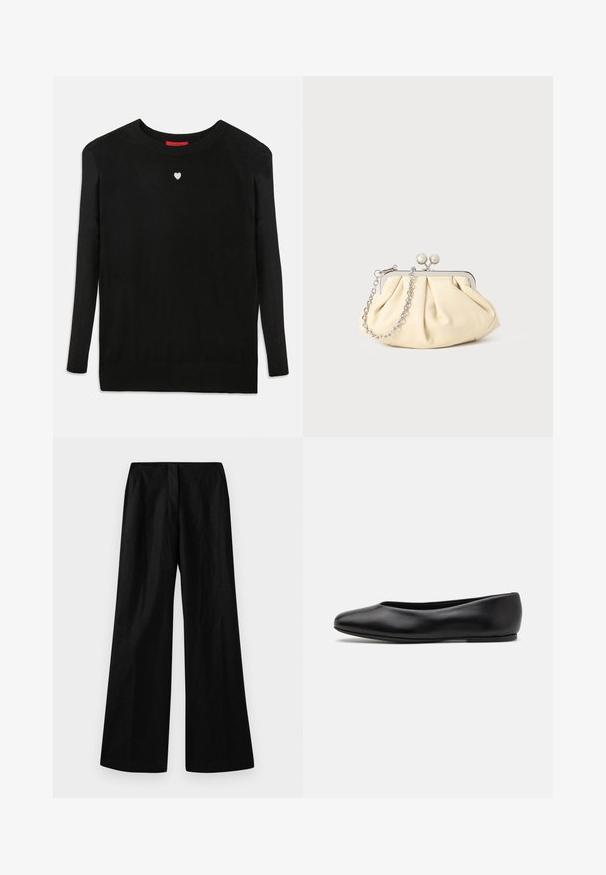 Sweater de malha preto com mangas longas, decote redondo e um pequeno coração branco no peito. Textura suave e punhos e bainha canelados.; Calças largas pretas feitas de um tecido texturizado. Apresentam uma cintura alta e pregas frontais discretas, com um corte reto até à bainha.; Paul Smith TOPANGA - Sabrinas - black; Clutch de couro bege plissado com uma estrutura de metal prateado, apresentando dois fechos decorativos redondos e uma alça de corrente prateada.
