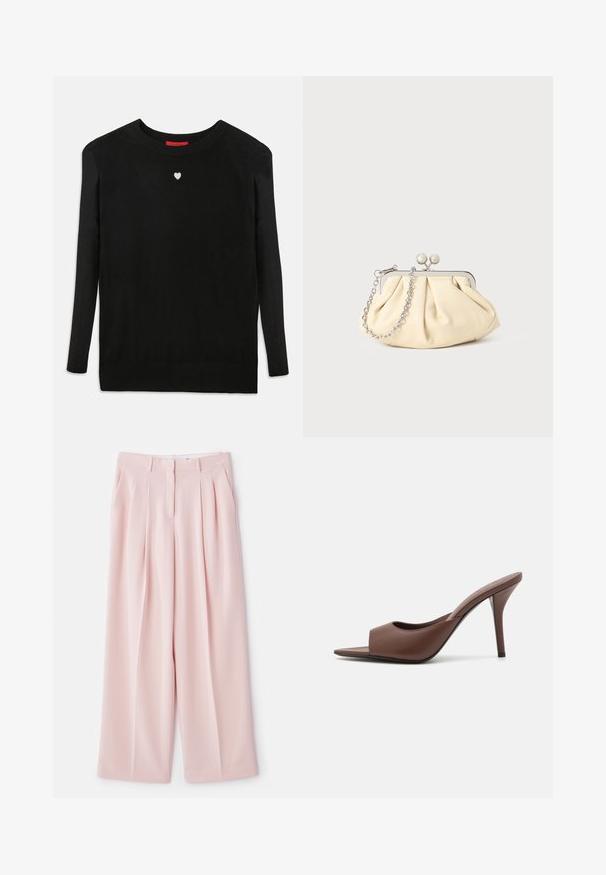 Maglione nero lavorato a maglia con maniche lunghe, scollo a girocollo e un piccolo cuore bianco sul petto. Tessuto morbido con polsini e orlo a coste.; Pantaloni larghi di colore rosa pallido con pieghe frontali, una vita strutturata e una finitura in tessuto liscia. Presenta due tasche laterali.; Mule aperti con tacco alto in pelle marrone, dal design elegante, caratterizzati da una larga fascia anteriore e un sottile tacco a stiletto.; Clutch in pelle beige plissettata con una struttura in metallo argento, dotata di due chiusure decorative rotonde e una tracolla in catena argentata.