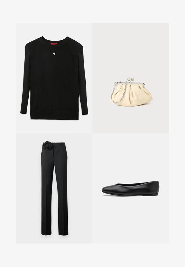 Schwarzer Strickpullover mit langen Ärmeln, Rundhalsausschnitt und einem kleinen weißen Herz auf der Brust. Weiche Textur sowie gerippte Bündchen und Saum.; Schwarze Hose mit maßgeschneidertem Schnitt, ausgestattet mit einem stofflichen Rosenzierat in der Taille, geraden Beinen und einer seidigen Textur.; Paul Smith TOPANGA - Klassischer Ballerina - black; Faltige beigefarbene Ledertasche mit einem silbernen Metallrahmen, ausgestattet mit zwei runden dekorativen Verschlüssen und einem silbernen Kettenriemen.