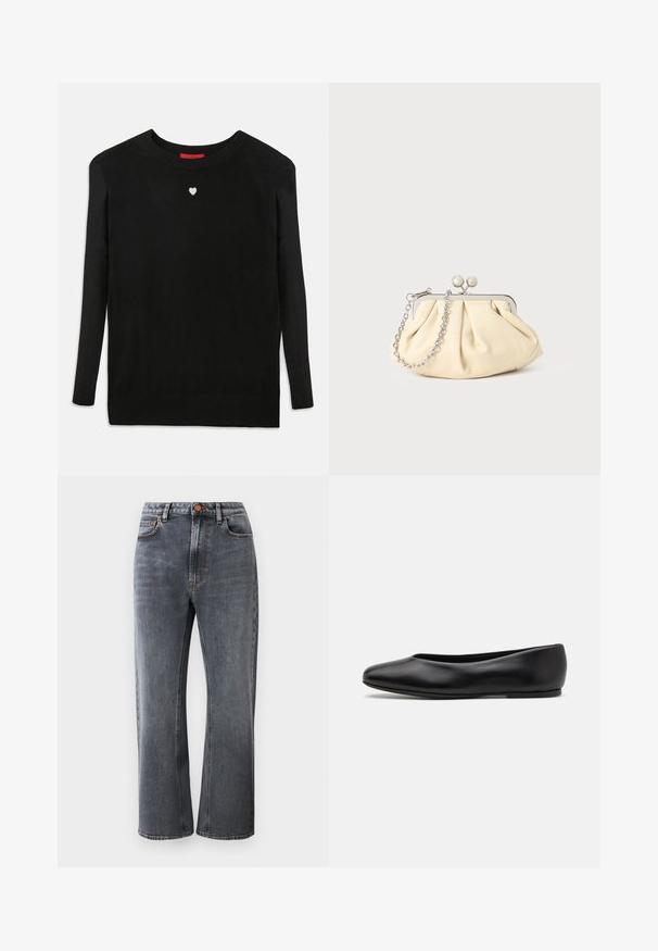 Pulover negru din tricot cu mâneci lungi, decolteu rotund și o inimioară albă mică pe piept. Textură moale și manșete și tiv ribelate.; Blugi din denim gri închis cu talie înaltă, croială dreaptă, cinci buzunare și detalii de cusătură portocalie contrastantă.; Paul Smith TOPANGA - Balerini - black; Clutch din piele plisată bej, cu un cadru din metal argintiu, având două închideri decorative rotunde și o curea din lanț argintiu.