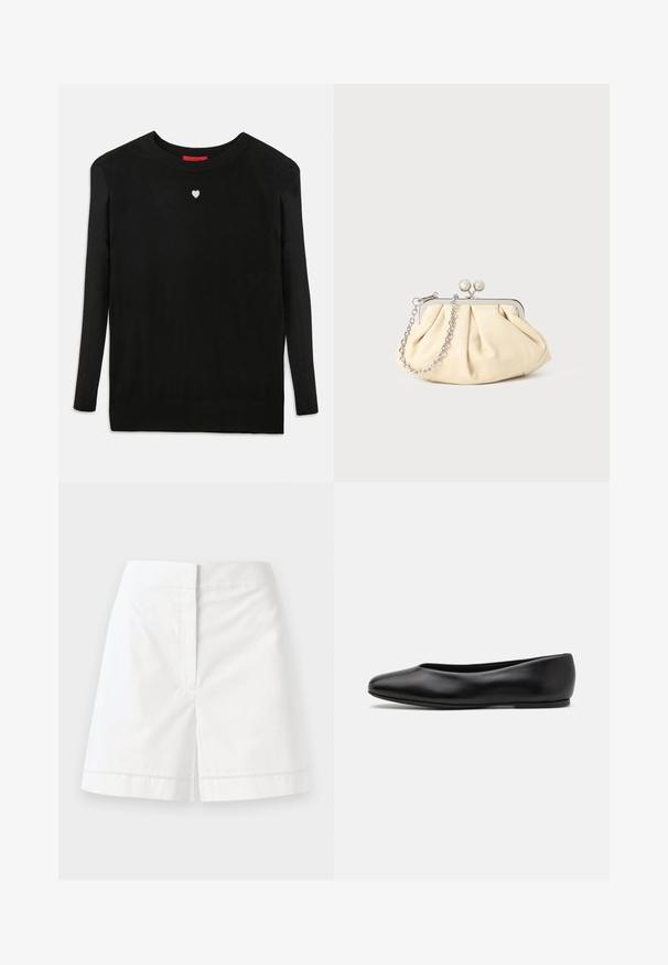 Maglione nero lavorato a maglia con maniche lunghe, scollo a girocollo e un piccolo cuore bianco sul petto. Tessuto morbido con polsini e orlo a coste.; Pantaloni corti bianchi in cotone con taglio dritto, caratterizzati da una texture liscia, tasche posteriori e una cucitura decorativa lungo l'orlo.; Paul Smith TOPANGA - Ballerine - black; Clutch in pelle beige plissettata con una struttura in metallo argento, dotata di due chiusure decorative rotonde e una tracolla in catena argentata.