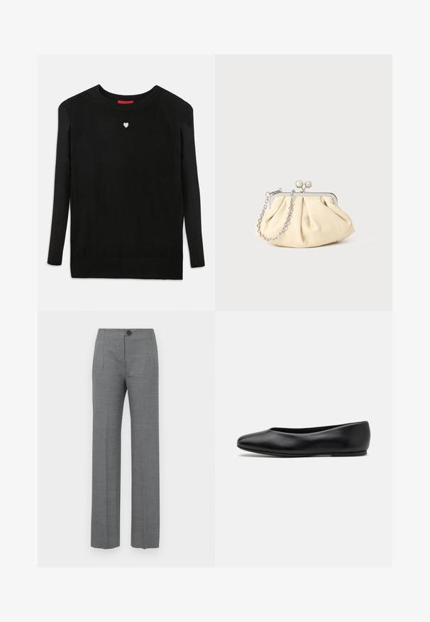 Zwarte brei trui met lange mouwen, ronde hals en een klein wit hart op de borst. Zachte textuur met geribbelde boorden en onderzoom.; Grijze op maat gemaakte broek met een recht pijpdesign, voorzien van een knoopsluiting, zijzakken en een soepele, gestructureerde stof.; Paul Smith TOPANGA - Ballerina's - black; Geplooide beige leren clutch met een zilveren metalen frame, voorzien van twee ronde decoratieve sluitingen en een zilveren kettingriem.