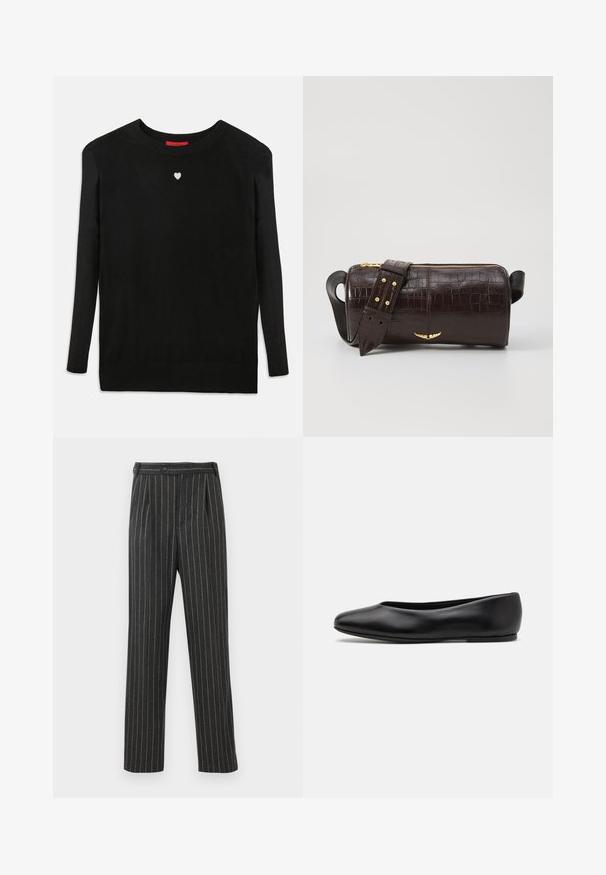 Maglione nero lavorato a maglia con maniche lunghe, scollo a girocollo e un piccolo cuore bianco sul petto. Tessuto morbido con polsini e orlo a coste.; Pantaloni grigi a righe realizzati in tessuto intrecciato. Presentano un vita alta, pince frontali e un design a gamba dritta. Chiusura con bottone standard.; Paul Smith TOPANGA - Ballerine - black; Borsa in pelle stampata a coccodrillo marrone con forma cilindrica, accessori in tonalità oro e una tracolla staccabile con borchie.