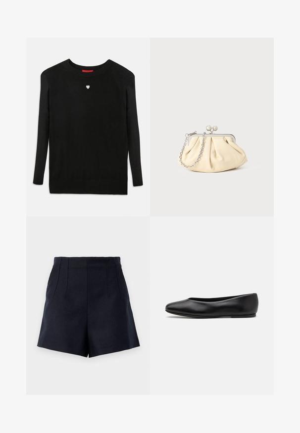 Sort striktrøje med lange ærmer, rund halsudskæring og et lille hvidt hjerte på brystet. Blød tekstur og ribbede manchetter og kant.; Marineblå shorts med skræddersyet design, der har to frontfolder, en glat tekstur og en lige skæring i lårlængde.; Paul Smith TOPANGA - Ballerinasko - black; Plisseret beige læderclutch med en sølvmetalramme, der har to runde dekorative låse og en sølvkædetrasporte.