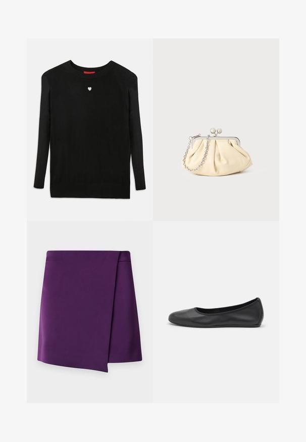 Svart strikkegenser med langermet, rund halsutskjæring og et lite hvitt hjerte på brystet. Myk tekstur og ribbad mansjetter og kant.; Lilla miniskjørt med en glatt tekstur, som har en diagonalt innpakningsdesign og rene linjer. Ingen synlig maskinvare eller mønstre.; Svart skinnballettflatt med rund tå, glatt tekstur, minimal sømdetalj, og et fleksibelt såledesign.; Foliebeige lærveske med plisseringer og en sølvmetalramme, med to runde dekorative låser og en sølvkjede.