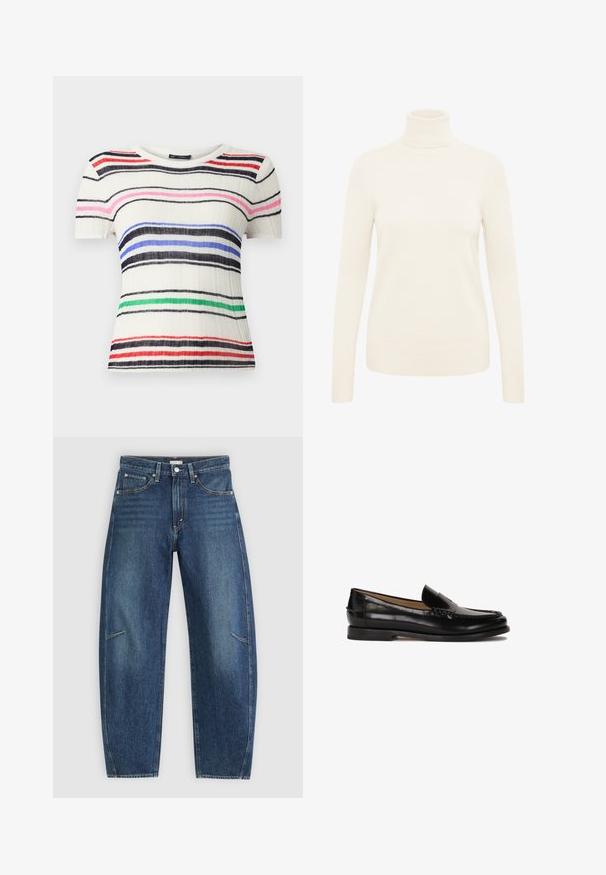 Maglione a collo alto color crema realizzato in un morbido tessuto lavorato a maglia. Presenta maniche lunghe e polsini e orlo a costine.; Maglietta a maniche corte in tessuto a coste bianco con strisce orizzontali in nero, blu, rosa, rosso e verde. Collo a giro, design aderente.; Jeans in denim blu scuro con design a gamba dritta, caratterizzati da tasche anteriori, cuciture a contrasto e una leggera texture sbiadita lungo le gambe.; Mocassino in pelle nera con punta arrotondata, design slip-on e dettagli di cucitura discreti lungo la parte superiore. Suola piatta in gomma.