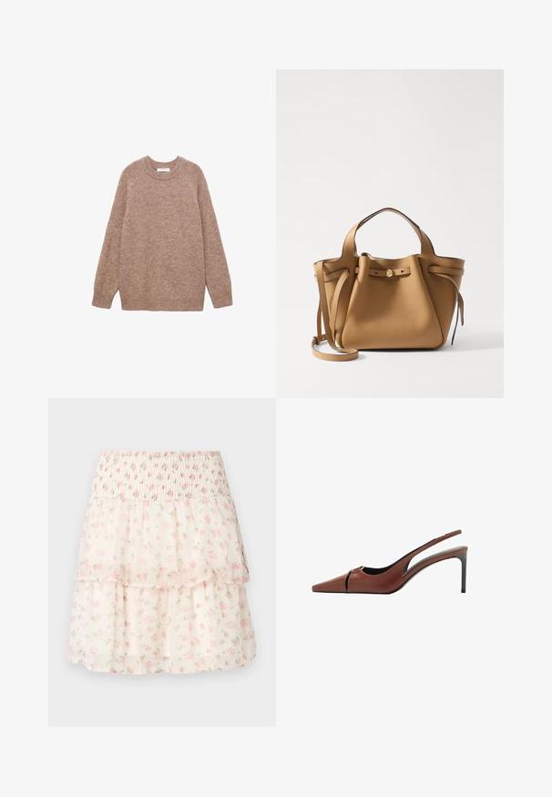 Mauve gestrickter Pullover mit rundem Ausschnitt, langen Raglanärmeln und lockerer Passform. Weiche Textur und keine sichtbaren Muster oder Akzente.; Florale, gestufte Rock aus leichtem Stoff. Mit einem smockierten Bund, pinken Blumen und einem cremefarbenen Hintergrund mit einer sanften, durchsichtigen Textur.; Braune Leder Slingback-Pumps mit spitzer Zehe, Ausschnittdetail am Vorderblatt und elegantem Stiletto-Absatz. Glatte Textur.; Tory Burch ROMY PEBBLED SATCHEL - Handtasche - tiramisu