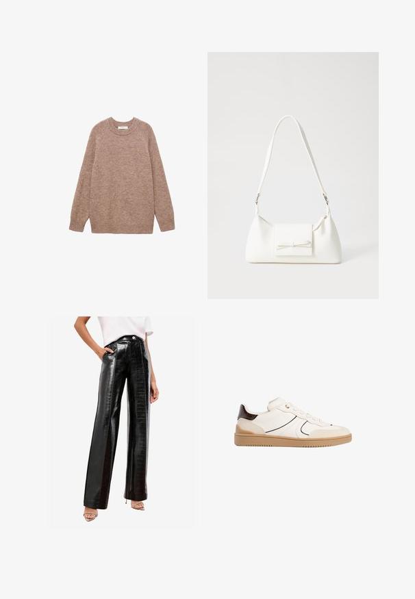 Lila stickad tröja med rund hals, långa raglanärmar och en avslappnad passform. Mjuk textur och inga synliga mönster eller accenter.; Svarta höga byxor tillverkade av glänsande konstläder, med ett krokodilmönster, sidofickor och raka ben.; Stradivarius Sneakers - white; Vit syntetisk handväska med triangulär form, platt framklaff och rosettdetalj, justerbar rem, slät textur och minimalistisk design.
