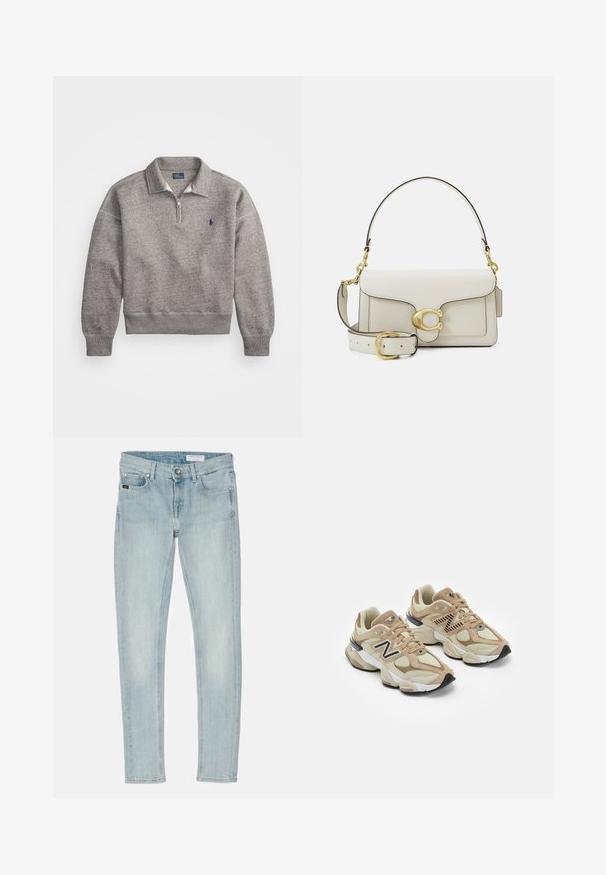 Sivi dukserica s polu-zip ovratom, rebrastim manžetama i malim izvezenim logotipom na grudima. Mekana tkanina od pamuka.; Bijela košulja s dugim rukavima, uskim ovratnikom i malim plavim logom na lijevoj strani prsnog dijela. Izrađena od pamučne tkanine.; Svijetloplave uske traperice s dugmetom, koje imaju pet džepova i diskretno izblijedjele dijelove na bedrima i koljenima.; Bež tenisice od mrežaste i antilop kože. Imaju crni logo i teksturirane detalje. Debeli bijeli međusloj i crna guma na potplatu.; Bijela kožna torba sa zlatnim kopčama, s preklopnim zatvaranjem i podesivim, odvojivim remenom. Zaobljeni metalni detalj u sredini.