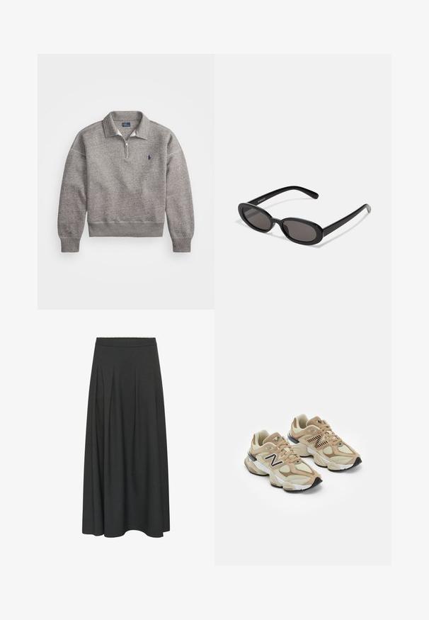 Grauer Sweatshirt mit einem halben Reißverschluss am Kragen, Rippbündchen und einem kleinen gestickten Logo auf der Brust. Weicher Baumwollmischstoff.; Langärmliges weißes Hemd aus Baumwolle mit durchgehender Knopfleiste, klassischem Kragen und abgerundetem Saum. Es hat einen lässigen Schnitt und keine Muster.; Langer, dunkelgrauer A-Linien-Rock mit einem taillierten Bund und dezenten Falten, die vom Bund bis zum Saum verlaufen.; Beige Sneaker aus Mesh- und Wildledermaterialien. Mit einem schwarzen Logo und strukturierten Akzenten. Dicke weiße Zwischensohle und schwarze Gummisohle.; Even&Odd Sonnenbrille - black; Weiße Lederhandtasche mit goldfarbenen Beschlägen, ausgestattet mit einer Klappenverschluss und einem abnehmbaren, verstellbaren Riemen. Runde Metallakzente in der Mitte.