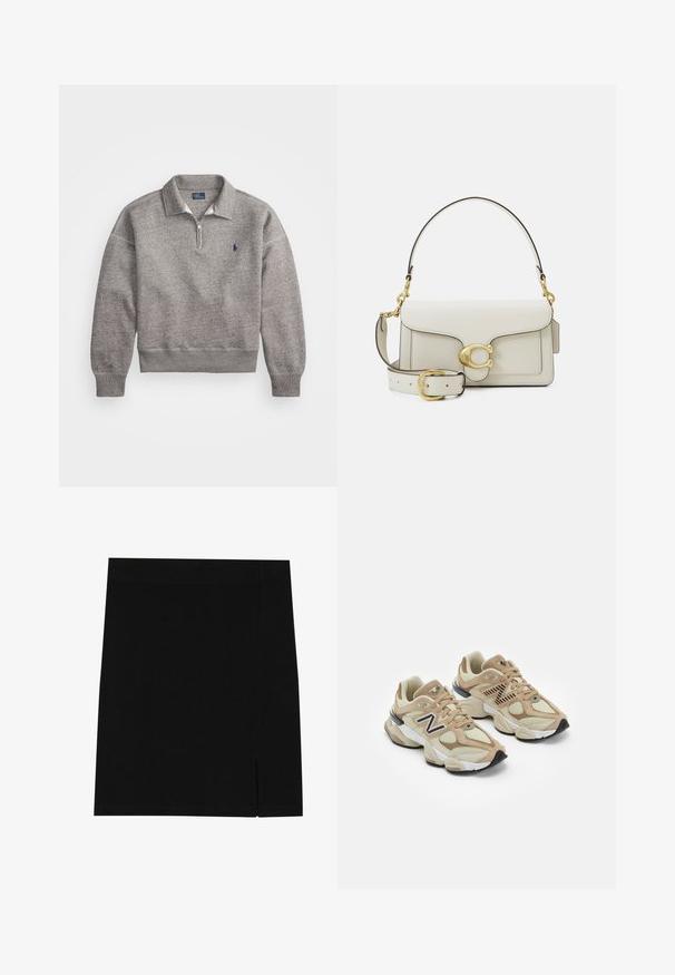 Halli halliga sweatshirt, millel on pool tõmblukk kaeluses, soonikkoes mansetid ja väike tikand rinnal. Pehme puuvillane kude.; Pikend varrukatega valge puuvillane särg, millel on nööbitekk ja klassikaline krae, ümaral serval, rahulik sobituvus ja ilma mustriteta.; Mustal rihm, mis on valmistatud pehmest kangast, sobiva lõikega, millel on küljes kerge lõhe lisaks detailiks.; Beežid spordijalatsid, mis on valmistatud võrgust ja nahast materjalidest. Omavad musta logo ja tekstuure aktsente. Paks valge vaheosa ja must kummist välistald.; Valge nahast käekott kuldse klambriga, mustade aksentidega, eemaldatava õlarihmaga ja struktureeritud disainiga, millel on klapiga sulgemine.