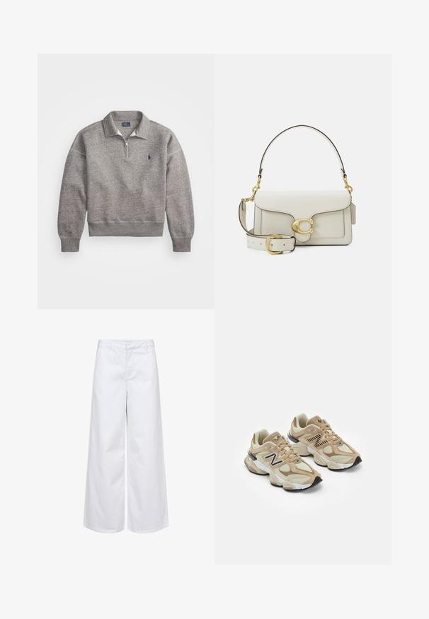 Szürke pulóver félcipzárral, bordázott mandzsettákkal és egy kicsi hímzett logóval a mellrészen. Puha pamutkeverék anyag.; Hosszú ujjú, pamut fehér ing, gombos elejű, klasszikus gallérral és lekerekített aljjal, lazább fitettel és minta nélküli dizájnnal.; Fehér, bő szabású pamut nadrág, strukturált derékkal és elülső zsebekkel. Simító textúrájú, tiszta, minimalista dizájn.; Beige sportcipők hálós és bőrszövet anyagból. Fekete logóval és texturált részletekkel rendelkezik. Vastag fehér középtalpa és fekete gumi talpa van.; Fehér bőr kézitáska arany színű fémalkatrészekkel, fedéllel záródik, levehető, állítható pánttal. Középen lekerekített fém díszítés.