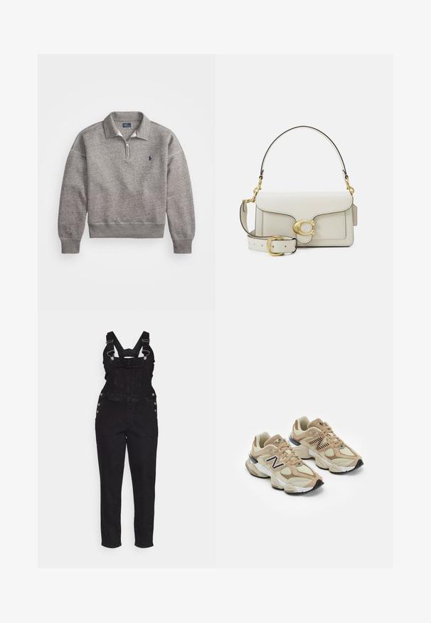 Siva mikica z zadrgo do polovice, rebrastimi manžetami in majhnim vezenim logotipom na prsih. Mehka mešanica bombaža.; Bela srajca z dolgimi rokavi iz bombaža z gumbi na sprednji strani, klasičnim ovratnikom in zaobljenim robom, ki ponuja sproščen kroj in brez vzorcev.; Črne denimske kombinezone z nastavljivimi naramnicami, stranskimi gumbi in zoženimi nogavicami. Zgornji del ima sprednji žep in klasičen dizajn.; Bež teniske z mrežastim in semiš materialom. Imajo črn logo in teksturirane detajle. Debela bela srednja podloga in črn gumijast podplat.; Bela usnjena torbica z zlatimi kovinskimi detajli, z zaponko na preklop in odstranljivim, nastavljivim trakom. V sredini okrogel kovinski okrasek.