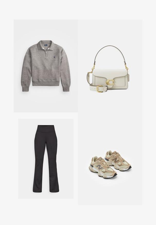 Grauer Sweatshirt mit einem halben Reißverschluss am Kragen, Rippbündchen und einem kleinen gestickten Logo auf der Brust. Weicher Baumwollmischstoff.; Langärmliges weißes Hemd aus Baumwolle mit durchgehender Knopfleiste, klassischem Kragen und abgerundetem Saum. Es hat einen lässigen Schnitt und keine Muster.; Schwarze, ausgestellte Yogahosen aus dehnbarem Material. Hoher Bund, glatte Textur und keine sichtbaren Muster oder Hardware-Details.; Beige Sneaker aus Mesh- und Wildledermaterialien. Mit einem schwarzen Logo und strukturierten Akzenten. Dicke weiße Zwischensohle und schwarze Gummisohle.; Weiße Lederhandtasche mit einem goldfarbenen Verschluss, schwarzen Akzenten, einem abnehmbaren Schulterriemen und einem strukturierten Design mit Klappenverschluss.