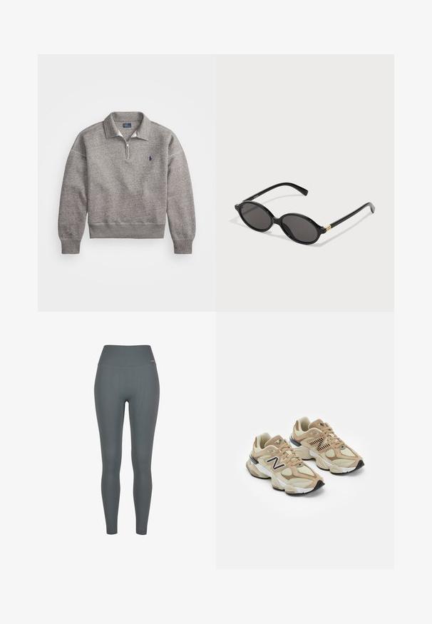 Grå sweatshirt med halvdragkedja i kragen, ribbad ärmslut och en liten broderad logotyp på bröstet. Mjuk bomullsblandning.; Vit långärmad skjorta i bomull med knäppning framtill, klassisk krage och rundad nederkant, med avslappnad passform och utan mönster.; Ribbade leggings i mörkgrå färg, med hög midja, elastiskt material och en åtsittande design. Inga synliga logotyper eller mönster.; Beiga sneakers i mesh och mockamaterial. Har en svart logotyp och texturerade detaljer. Tjock vit mellansula och svart gummisula.; Svarta ovala solglasögon med mörka linser, glänsande plastbåge och guldfärgade detaljer på bågarna.; Vit läderhandväska med guldfärgade detaljer, utrustad med flikstängning och justerbar, avtagbar rem. Rundad metalldekoration i mitten.