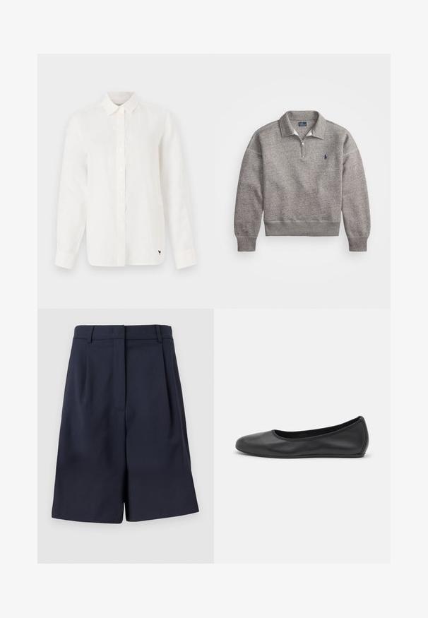 Gray sweatshirt with a half-zip collar, ribbed cuffs, and a small embroidered logo on the chest. Soft cotton-blend fabric.; White linen long-sleeve shirt with a button-down collar, featuring a front button placket and a small black accent logo on the lower hem.; Navy blue tailored shorts made from a smooth fabric with a high waist, pleats at the front, and side pockets. Clean, structured silhouette.; Black leather ballet flat with a rounded toe, smooth texture, minimal stitching detail, and a flexible sole design.