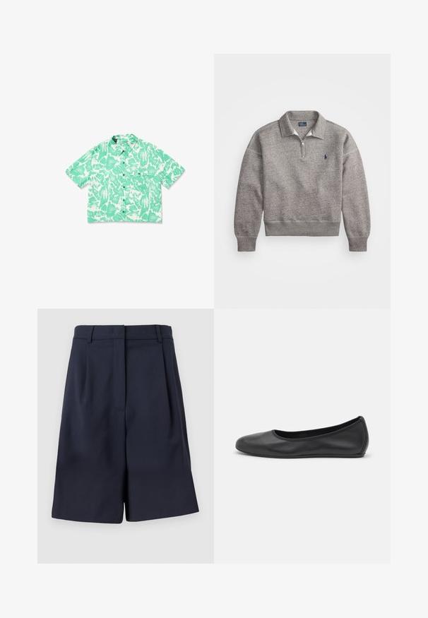 Grijze sweatshirt met een halve rits kraag, geribde manchetten en een klein geborduurd logo op de borst. Zachte katoenen stofmix.; Korte mouwen groene shirt met abstracte witte patronen, knoopsluiting aan de voorkant en een borstzak; gemaakt van lichtgewicht stof.; Marineblauwe op maat gemaakte shorts van een gladde stof met een hoge taille, plooien aan de voorkant en zijzakken. Strakke, gestructureerde silhouette.; Zwarte leren ballerina met een ronde neus, gladde textuur, minimale stikdetails en een flexibele zoolontwerp.