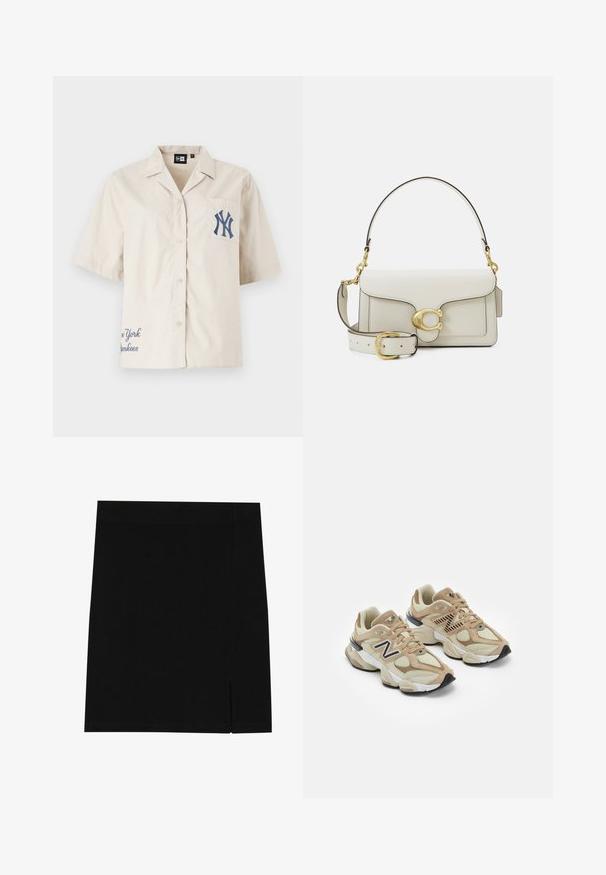 Gray sweatshirt with a half-zip collar, ribbed cuffs, and a small embroidered logo on the chest. Soft cotton-blend fabric.; New Era SCRIPT REVERE SHIRT - Button-down blouse - light beige; Black mini skirt made of soft fabric with a fitted design, featuring a slight slit on the side for added detail.; Beige sneakers with mesh and suede materials. Features a black logo and textured accents. Thick white midsole and black rubber outsole.; White leather handbag with gold hardware, featuring a flap closure and a detachable, adjustable strap. Rounded metal accent in center.