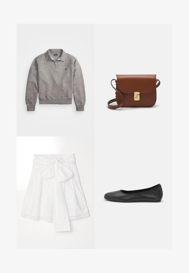 Šedá mikina s polozipsovým golierom, rebrovanými manžetami a malým vyšitým logom na hrudi. Mäkká tkanina z bavlneného zmesi.; Erdem SKIRT WITH GATHERED WASIT - sukňa v tvare A - white; Čierne kožené baleríny s okrúhlou špičkou, hladkým povrchom, minimálnym prešívaním a flexibilným dizajnom podrážky.; Hnedá kožená kabelka s klopou, zlatými kovovými prvkami, ramenným popruhom a hladkým povrchom. Kompaktný obdĺžnikový tvar.