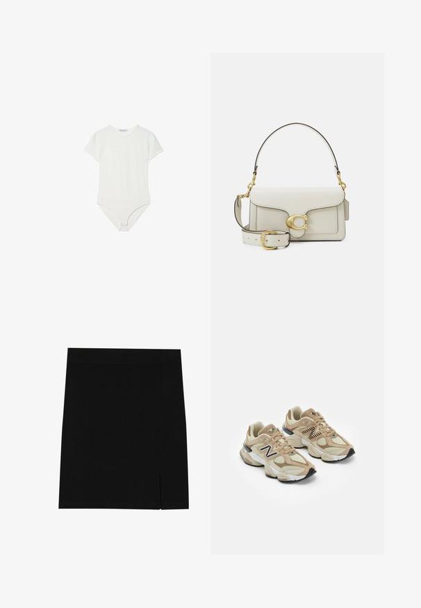 Felpa grigia con colletto a mezza zip, polsini a coste e un piccolo logo ricamato sul petto. Tessuto morbido in misto cotone.; Body a maniche corte bianco realizzato in tessuto morbido e elastico. Presenta un colletto rotondo e una chiusura a scatto nella parte inferiore per una facile vestibilità.; Gonna nera mini realizzata in tessuto morbido con un design aderente, caratterizzata da una leggera apertura sul lato per un tocco di stile in più.; Sneaker beige realizzate in materiali mesh e suede. Presentano un logo nero e dettagli testurizzati. Suola intermedia spessa bianca e suola esterna in gomma nera.; Borsa a tracolla in pelle bianca con dettagli in oro, dotata di chiusura a patta e tracolla regolabile e rimovibile. Accento metallico arrotondato al centro.
